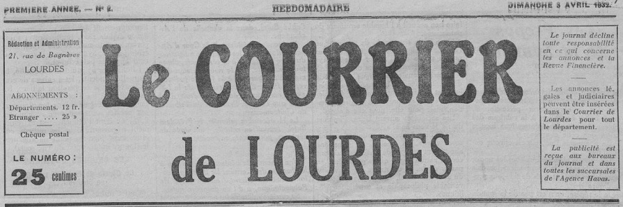 Photo (BnF / Gallica) de : Le Courrier de Lourdes. Lourdes, 1932-[1933?]. ISSN 2107-8106.