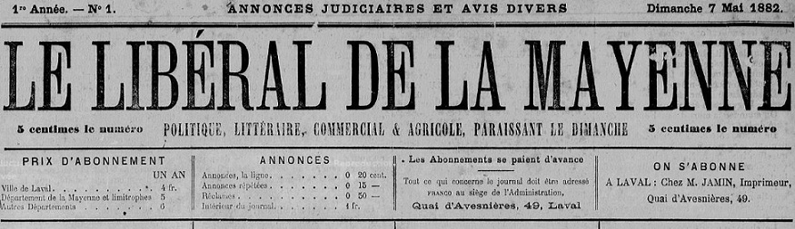 Photo (Bibliothèque municipale (Laval)) de : Le Libéral de la Mayenne. Laval, 1882-1893. ISSN 2131-2710.