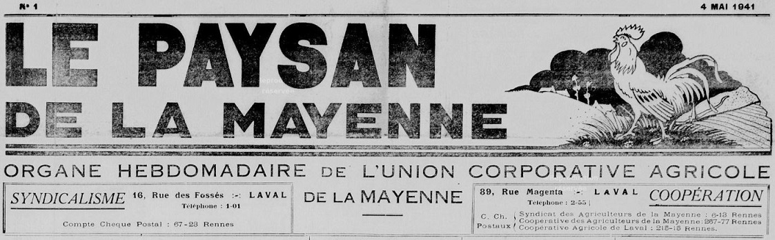 Photo (Bibliothèque municipale (Laval)) de : Le Paysan de la Mayenne. Laval, 1941-1944. ISSN 2133-8337.