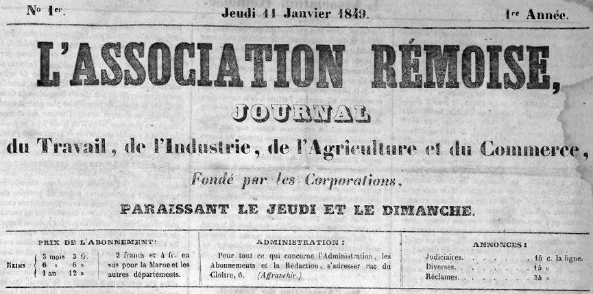 Photo (Bibliothèque de Reims) de : L'Association rémoise. Reims, 1849-1850. ISSN 2121-0683.