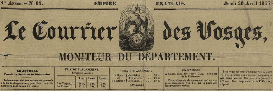 Photo (Bibliothèque intercommunale Épinal-Golbey) de : Le Courrier des Vosges. Épinal, 1852-1870. ISSN 2124-8508.