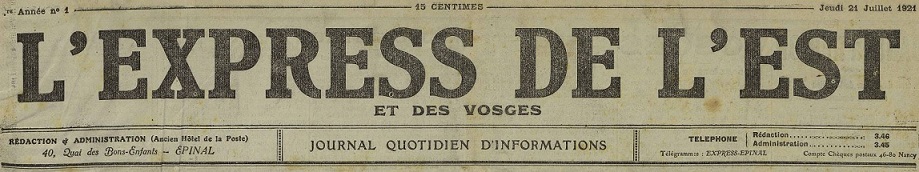 Photo (Bibliothèque intercommunale Épinal-Golbey) de : L'Express de l'Est et des Vosges. Épinal, 1921-1944. ISSN 2127-7362.