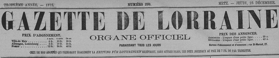 Photo (Metz. Bibliothèques-médiathèques) de : Gazette de Lorraine. Metz, 1872-1918. ISSN 2015-2205.