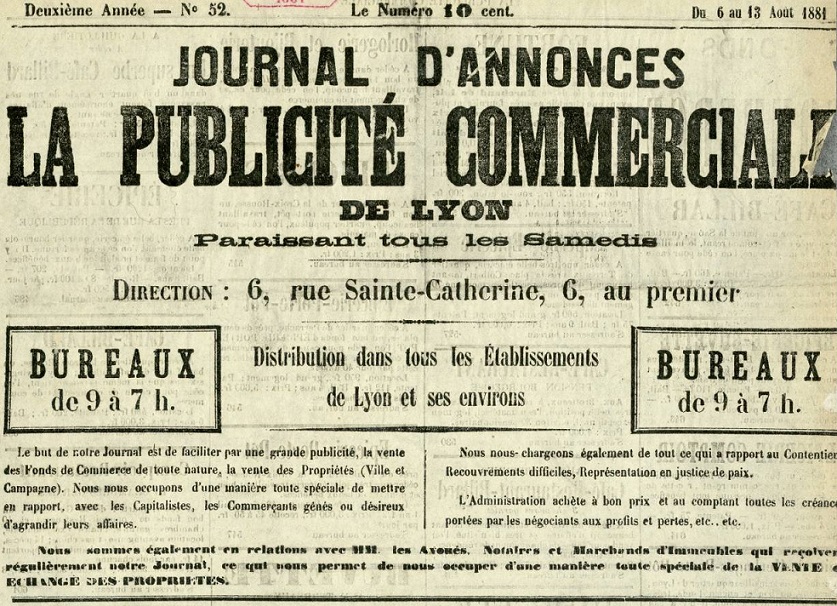 Photo (Bibliothèque municipale (Lyon)) de : Journal d'annonces. Lyon, 1879-1881. ISSN 2130-176X.