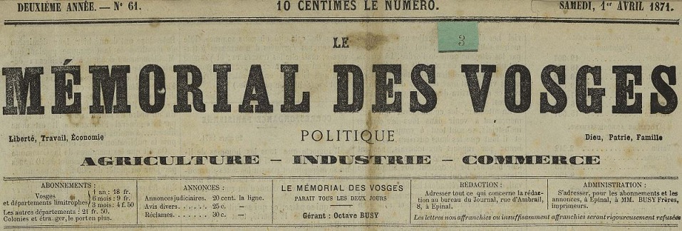Photo (Bibliothèque intercommunale Épinal-Golbey) de : Le Mémorial des Vosges. Épinal, 1870-[1914 ?]. ISSN 2132-0136.