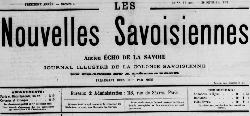 Photo (BnF / Gallica) de : Les Nouvelles savoisiennes. Paris, [1893 ?]. ISSN 2133-1243.