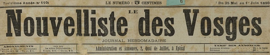 Photo (Bibliothèque intercommunale Épinal-Golbey) de : Le Nouvelliste des Vosges. Épinal, 1888-[1914?]. ISSN 2133-1898.
