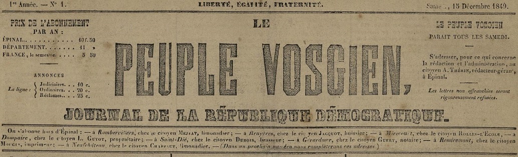 Photo (Bibliothèque intercommunale Épinal-Golbey) de : Le Peuple vosgien. Épinal, 1849-1851. ISSN 2134-8693.