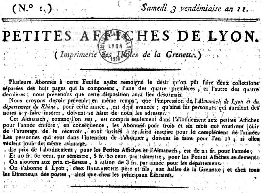Photo (Bibliothèque municipale (Lyon)) de : Petites affiches de Lyon. Lyon : Impr. des Halles de la Grenette, 1801-1811. ISSN 1149-5715.