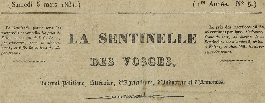 Photo (Bibliothèque intercommunale Épinal-Golbey) de : La Sentinelle des Vosges. Épinal, 1831-1833. ISSN 2138-0767.