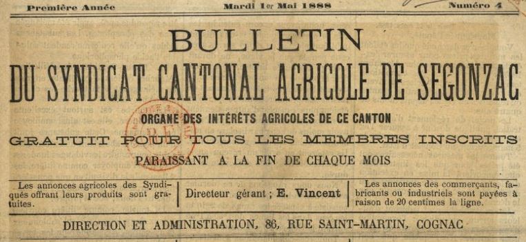 Photo (BnF / Gallica) de : Bulletin du Syndicat cantonal agricole de Segonzac. Cognac, 1888-[1899 ?]. ISSN 2107-8610.