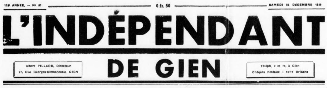 Photo (BnF / Gallica) de : L'Indépendant de Gien. Gien, 1872-1940. ISSN 2129-5034.