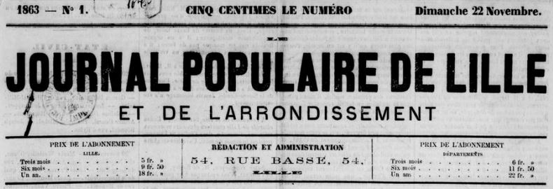 Photo (BnF / Gallica) de : Journal populaire de Lille et de l'arrondissement. Lille, 1863-1865. ISSN 2131-0114.