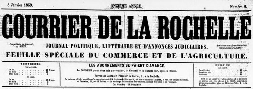 Photo (BnF / Gallica) de : Le Courrier de la Rochelle. La Rochelle, 1856-1941. ISSN 2124-7609.