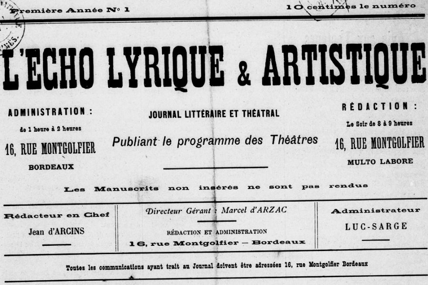 Photo (BnF / Gallica) de : L'Écho lyrique et artistique. Bordeaux, 1885. ISSN 2126-7103.