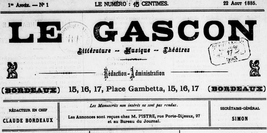 Photo (BnF / Gallica) de : Le Gascon. Bordeaux, 1885. ISSN 2128-4989.