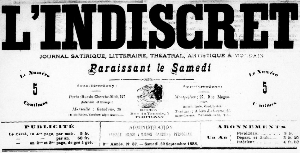 Photo (BnF / Gallica) de : L'Indiscret. Montpellier, Perpignan, 1888. ISSN 2129-8068.