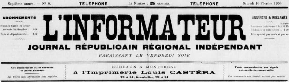 Photo (BnF / Gallica) de : L'Informateur. Montereau, 1900-1925. ISSN 2129-8475.