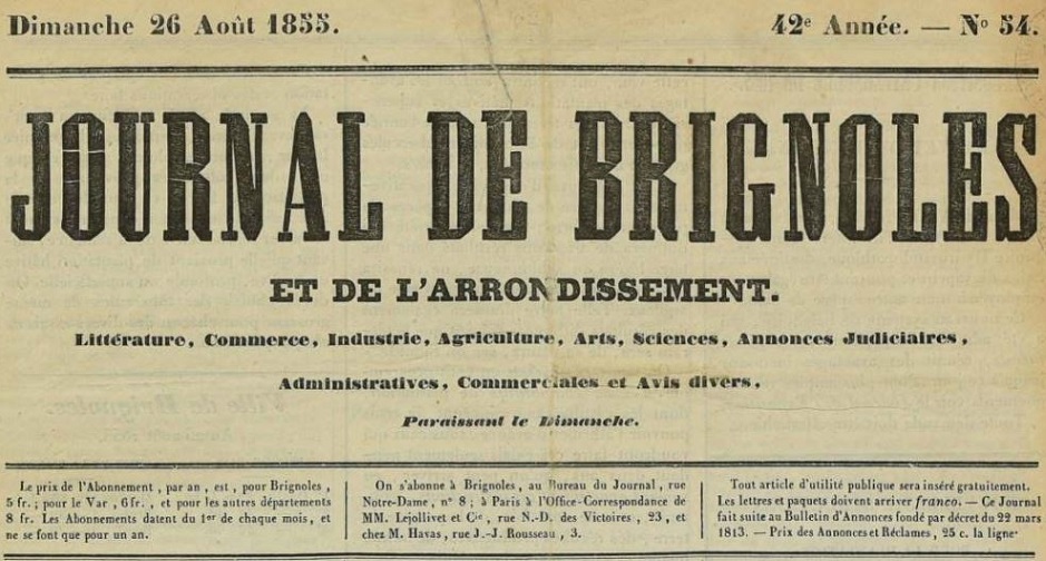Photo (Var. Archives départementales) de : Journal de Brignoles et de l'arrondissement. Brignoles, 1822-1878. ISSN 2130-2863.