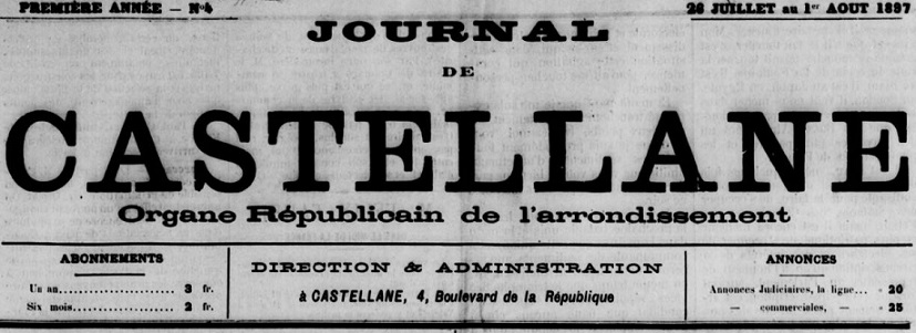 Photo (BnF / Gallica) de : Journal de Castellane. Castellane, 1897-1910. ISSN 2020-4124.