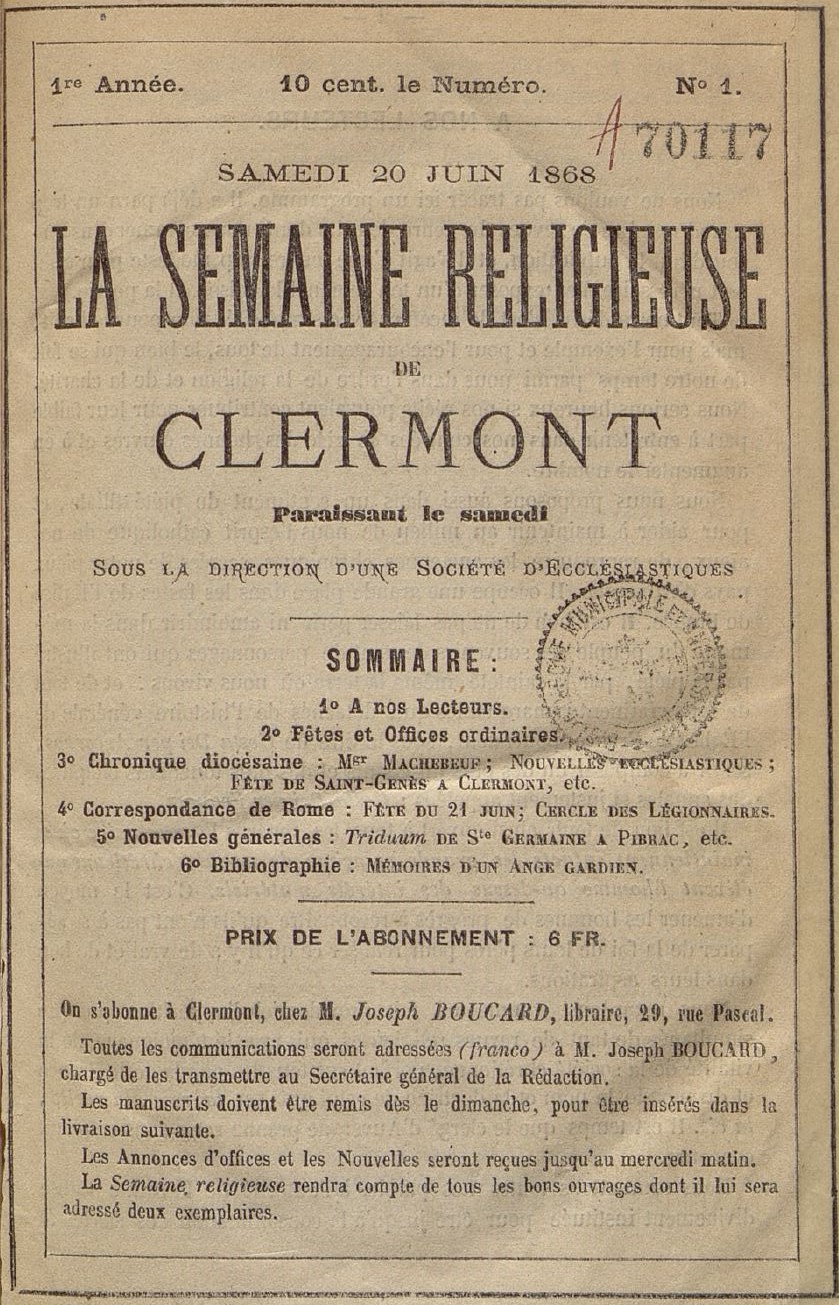 Photo (Auvergne-Rhône-Alpes livre et lecture) de : La Semaine religieuse de Clermont. Clermont-Ferrand, 1868-1947. ISSN 2137-9696.