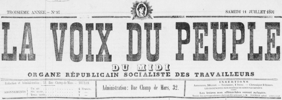 Photo (BnF / Gallica) de : La Voix du peuple du Midi. Toulon, 1891-[1900 ?]. ISSN 2018-6398.