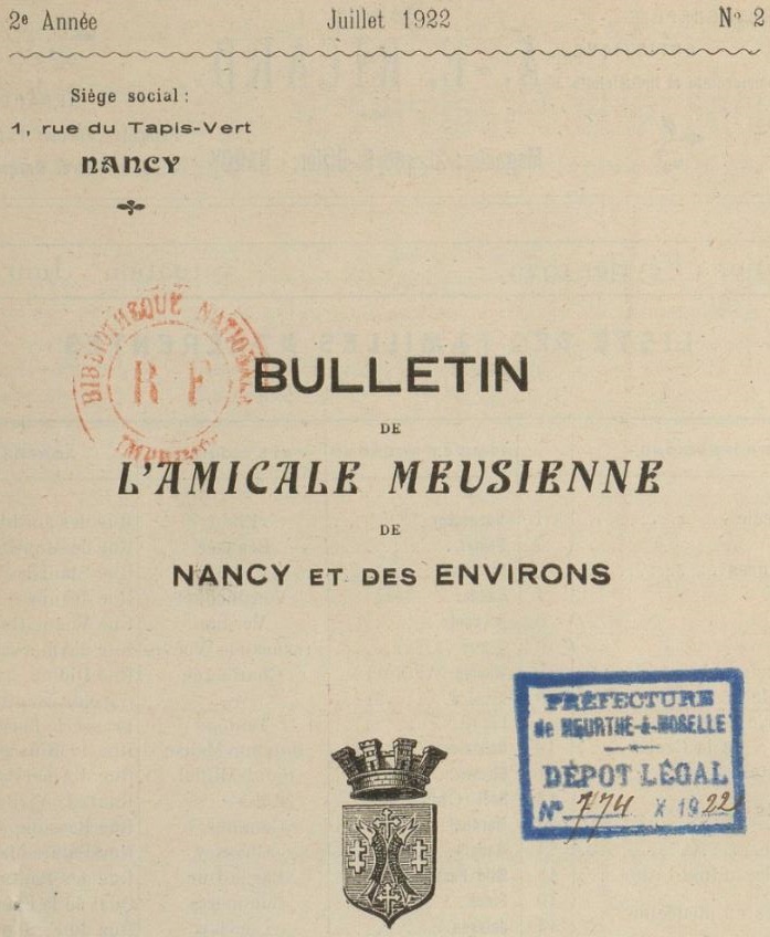 Photo (BnF / Gallica) de : Bulletin de l'Amicale meusienne de Nancy et des environs. Nancy, 1921-1935. ISSN 1966-3951.