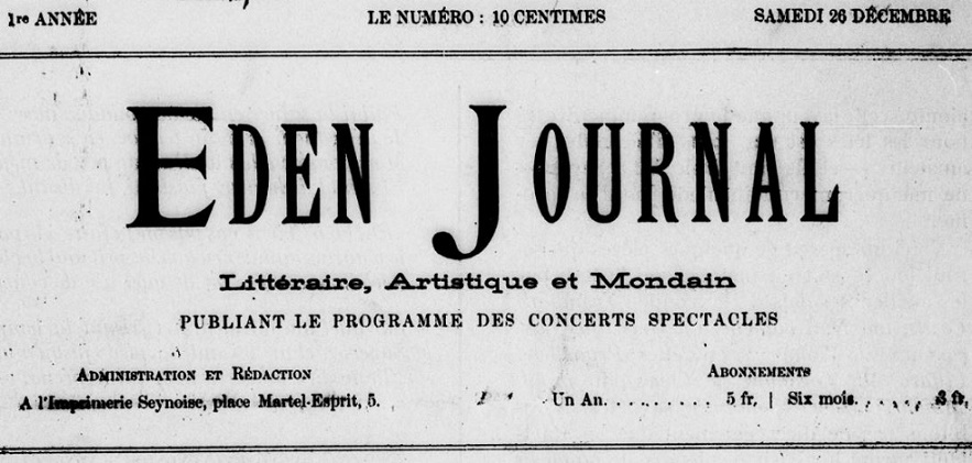 Photo (BnF / Gallica) de : Éden journal. La Seyne, 1891-[1892 ?]. ISSN 2127-0740.