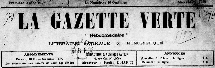 Photo (BnF / Gallica) de : La Gazette verte. Nice, 1905. ISSN 2128-8208.