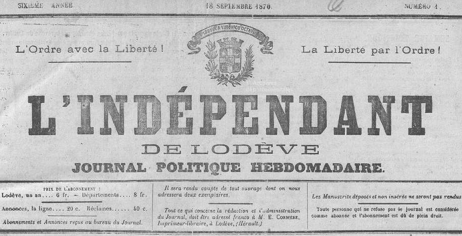 Photo (Hérault. Archives départementales) de : L'Indépendant de Lodève. Lodève, 1870-1944. ISSN 2129-545X.