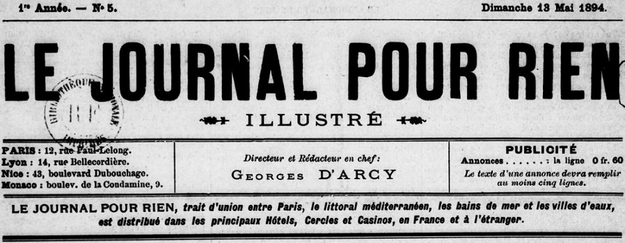 Photo (BnF / Gallica) de : Le Journal pour rien. Nice, 1894-[1900 ?]. ISSN 2131-0149.