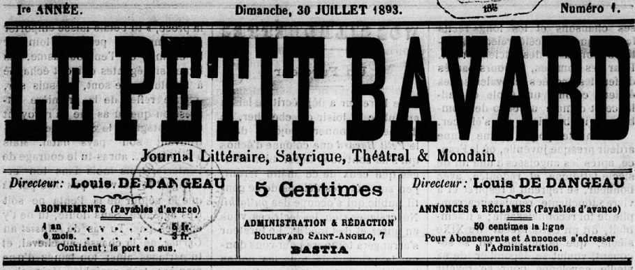 Photo (BnF / Gallica) de : Le Petit bavard. Bastia, 1893. ISSN 2133-9546.