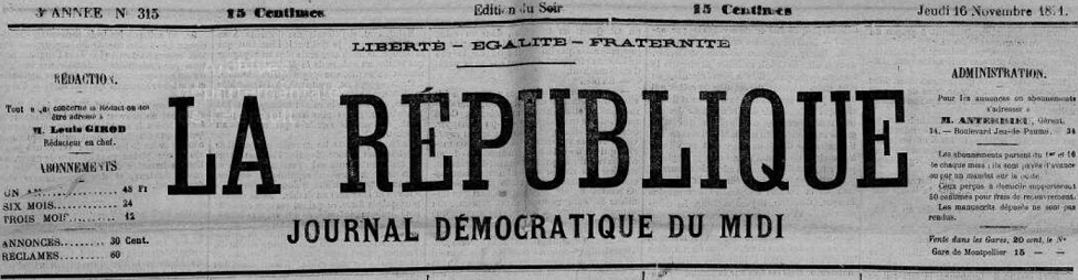 Photo (Hérault. Archives départementales) de : La République. Montpellier, 1871-1879. ISSN 2136-4982.