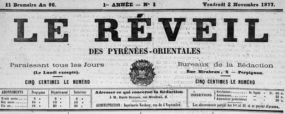 Photo (Médiathèque (Perpignan)) de : Le Réveil des Pyrénées-Orientales. Perpignan, 1877-1878. ISSN 2136-9402.
