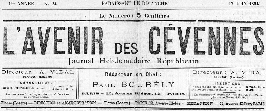Photo (Occitanie) de : L'Avenir des Cévennes. Florac, 1894-[1912 ?]. ISSN 2121-5642.