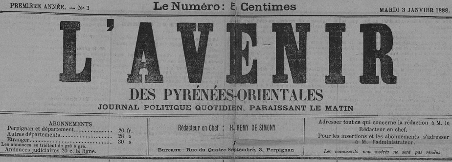Photo (Occitanie) de : L'Avenir des Pyrénées-Orientales. Perpignan, 1888. ISSN 2121-5707.