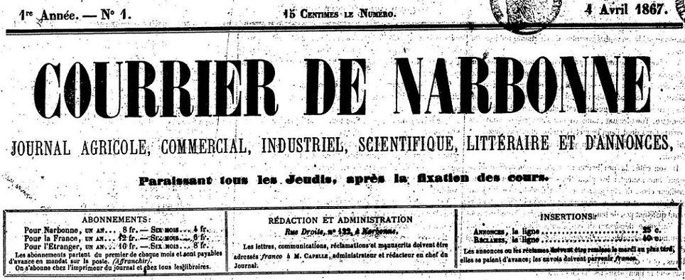 Photo (Occitanie) de : Courrier de Narbonne. Narbonne, 1867-1944. ISSN 2124-7846.