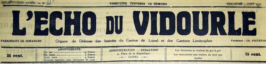 Photo (Occitanie) de : L'Écho du Vidourle. Lunel, 1916-[1950 ?]. ISSN 2024-0805.