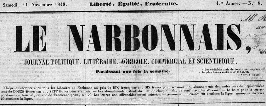 Photo (Occitanie) de : Le Narbonnais. Narbonne, 1849-1850. ISSN 2132-7416.
