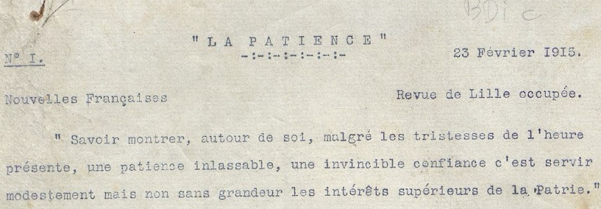 Photo (BnF / Gallica) de : La Patience. [Roubaix] : [Joseph Willot], 1915. ISSN 2552-9455.