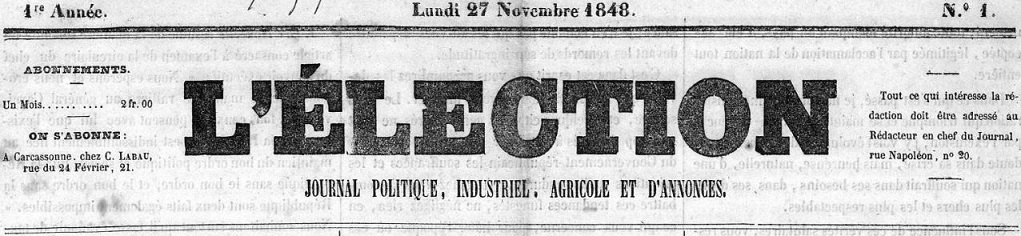 Photo (Occitanie) de : L'Élection. Carcassonne, 1848. ISSN 1963-9317.