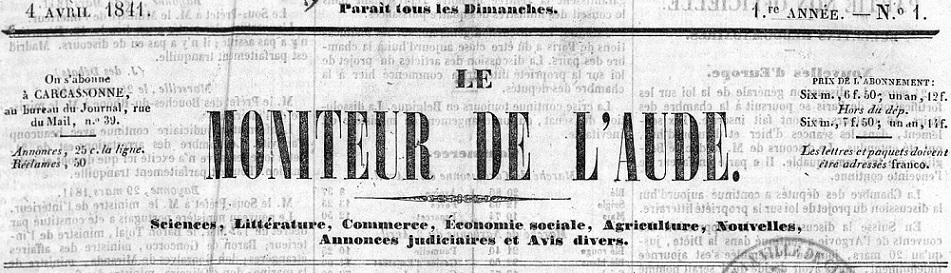 Photo (Occitanie) de : Le Moniteur de l'Aude. Carcassonne, 1841-1848. ISSN 1963-9392.