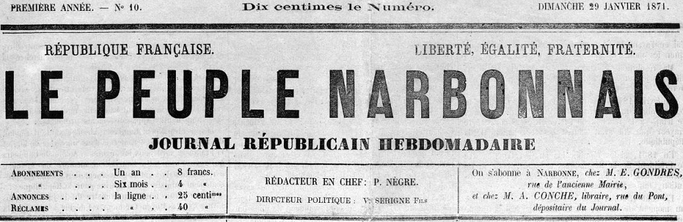 Photo (Occitanie) de : Le Peuple narbonnais. Narbonne, 1870-1871. ISSN 2680-7661.
