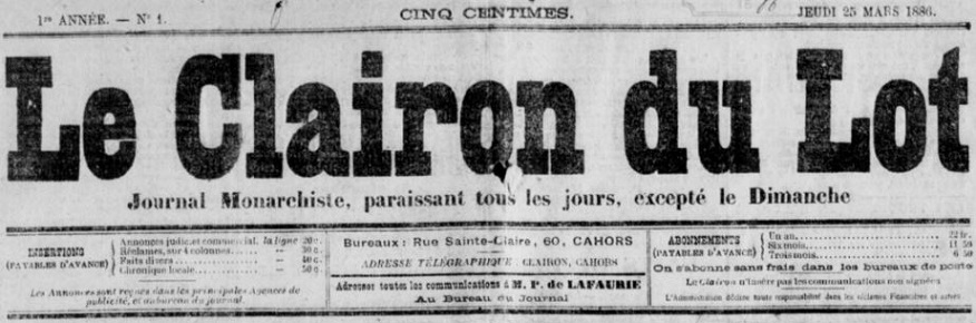 Photo (BnF / Gallica) de : Le Clairon du Lot. Cahors, 1886-1890. ISSN 2016-6850.