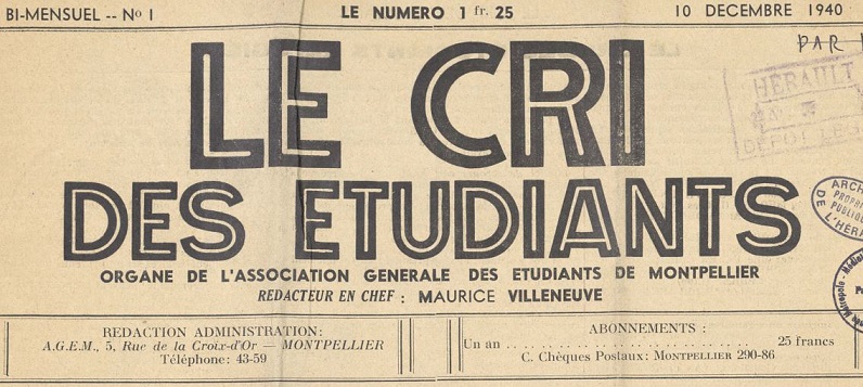 Photo (Montpellier. Bibliothèques municipales) de : Le Cri des étudiants. Montpellier, 1940-[1941 ?]. ISSN 2125-0839.