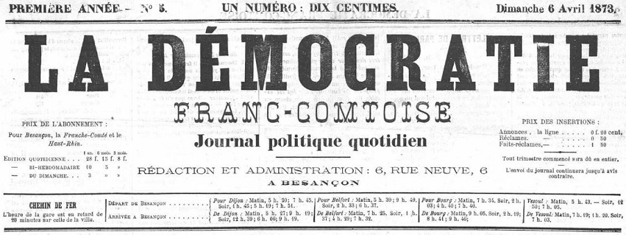 Photo (Bibliothèque municipale (Besançon)) de : La Démocratie franc-comtoise. Besançon, 1873-1889. ISSN 2125-6926.