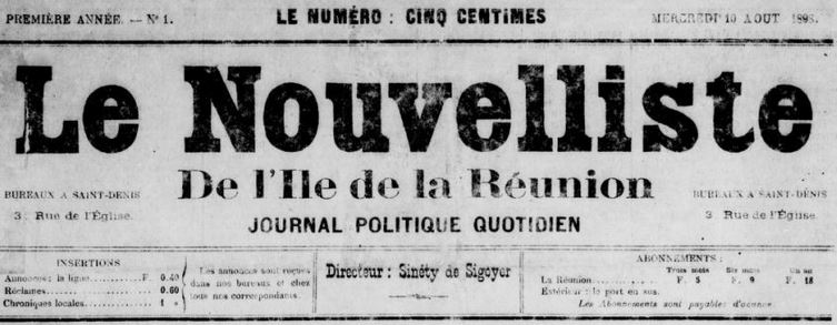Photo (BnF / Gallica) de : Le Nouvelliste de l'île de La Réunion. Saint-Denis, 1898-[1900 ?]. ISSN 2428-5625.