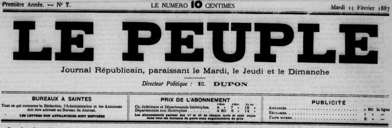 Photo (BnF / Gallica) de : Le Peuple. Saintes, 1887-1939. ISSN 2134-8162.
