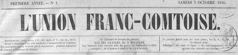 Photo (Bibliothèque municipale (Besançon)) de : L'Union franc-comtoise. Besançon, 1846-1887. ISSN 2024-4789.