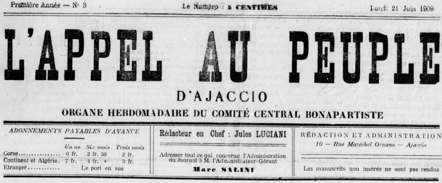 Photo (BnF / Gallica) de : L'Appel au peuple d'Ajaccio. Ajaccio, 1909. ISSN 2120-9103.